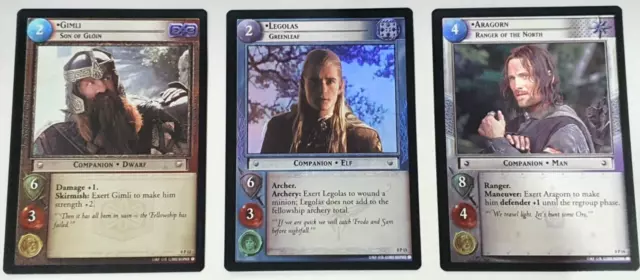 3 FOIL Premium Aragorn Legolas Gimli in toploader Lord of the Rings LOTR CCG TCG