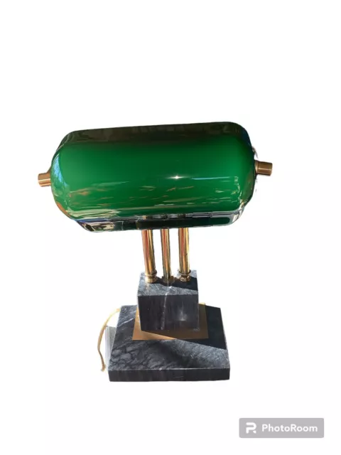 1950 Art Deco Green,Marble And Brass Electric Bankers Lamp 2