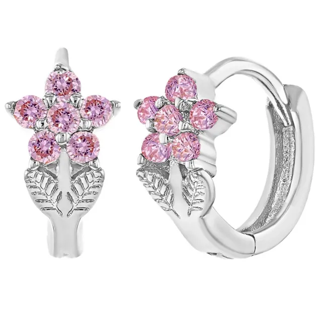 Rhodium Plated Pink CZ Pretty Flower Hoop Earrings for Girls and Teens