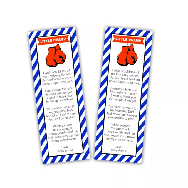 30 Boxing Boy Baby Shower Bookmarks Favors, Blue Red Black and Name Personalized