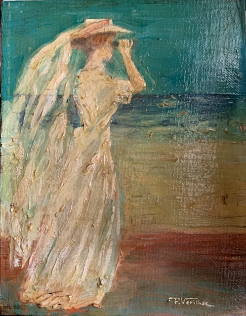 tableau huile femme élégante années folles à la plage signé P Verilhac (1959)