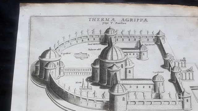 Stampa antica Terme Agrippa Pantheon Roma Giacomo Lauro 1628 acquaforte 3