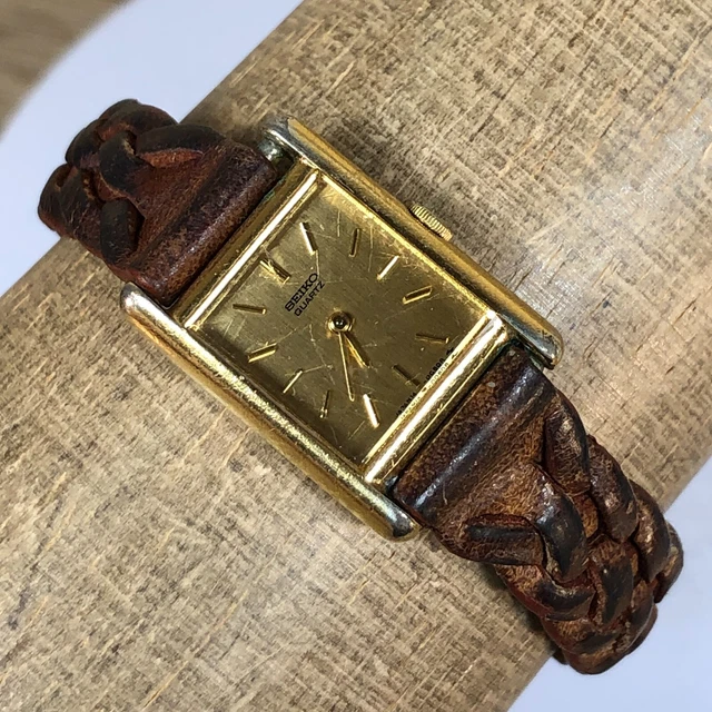 Montre Seiko Tank Vintage - Cadran Doré, Bracelet Cuir Marron, Quartz, Occasion Homme