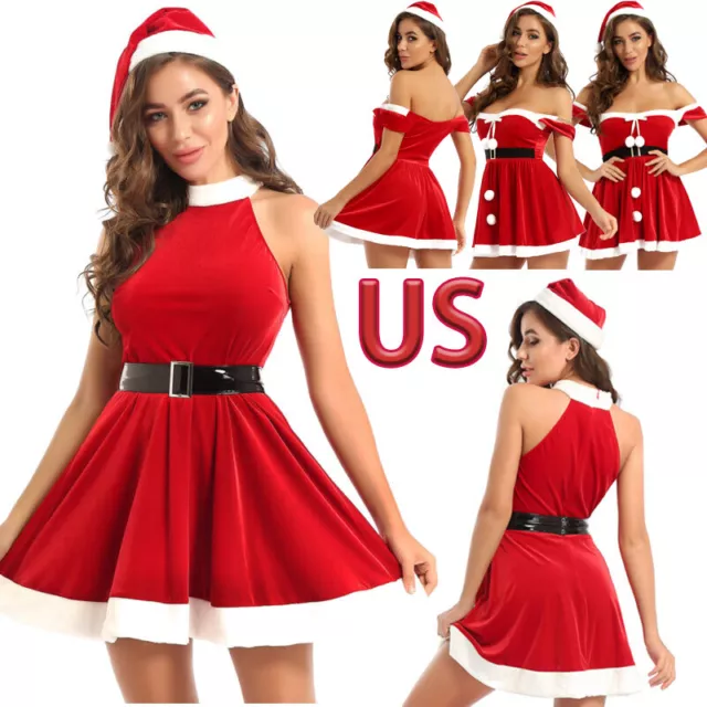 US Women's Mrs Claus Costume Christmas Dress with Santa Hat Belt Cosplay Outfits