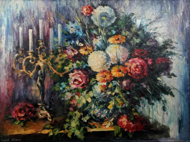 Leonid Afremov, Flower Arrangement with Candelabra, Oil on Canvas, signed L.L