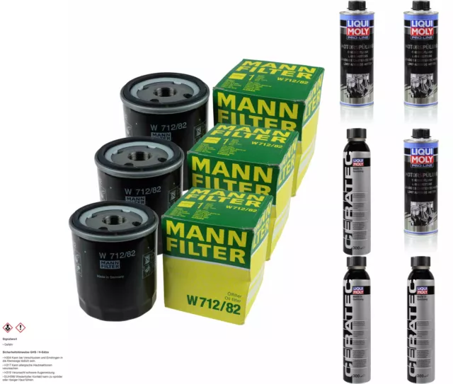 3xMANN-FILTER ÖLFILTER-W 712/82 +3xLiqui Moly Pro-Line Motorspülung/3x Cera Tec