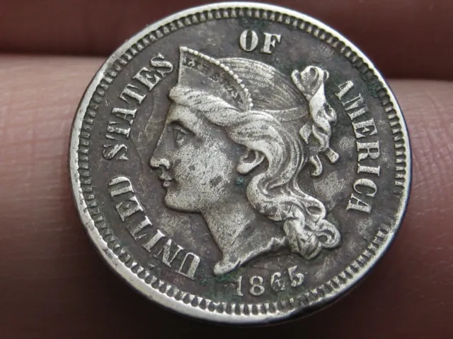 1865 Three 3 Cent Nickel- XF Details