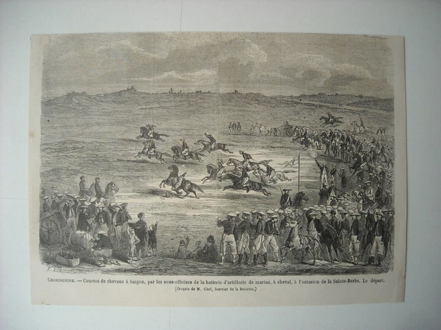 Gravure 1864. Cochinchine. Courses Chevaux A Saïgon, Par Sous-Officiers Marine..