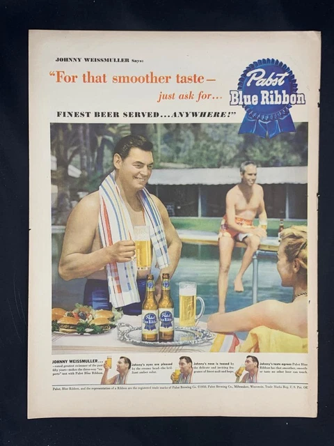 Magazine Ad* - 1950 - Pabst Blue Ribbon Beer - Johnny Weissmuller