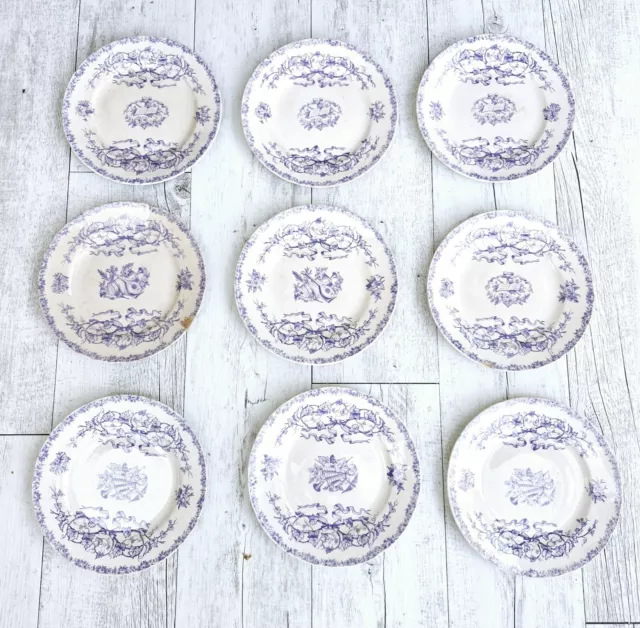 9 assiettes à dessert céramique HB Choisy le Roi modèle Louis XVI violet 19ème 2