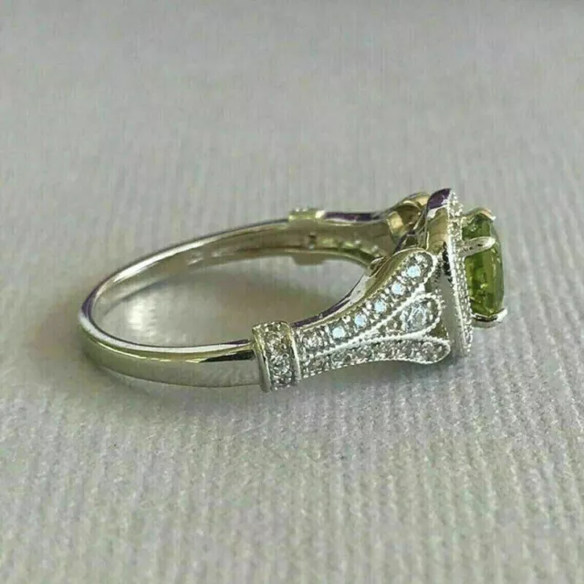 1.90Ct Round Cut Simulated Green Peridot Engagement Ring 14k White Gold Finish