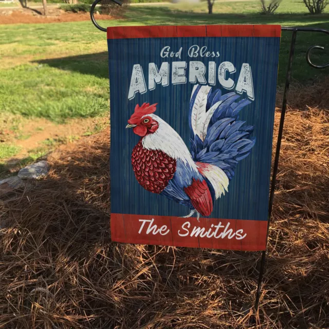 Personalized God Bless America Garden Flag, Patriotic Chicken 4th Of July Flag