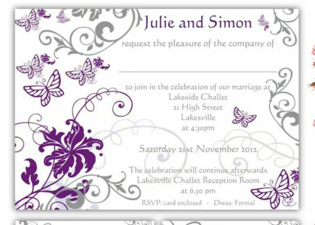50 WEDDING INVITATIONS CARDS ENVELOPES PURPLE AND SILVER butterflies flowers