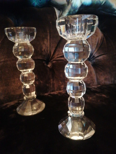 Beautiful Pair 8” Facet Bevel Crystal Glass Candlesticks
