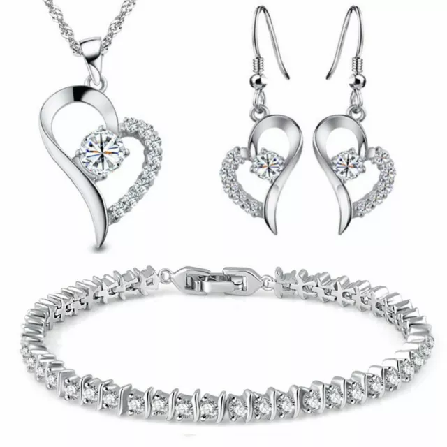 Schmuckset 925 Sterling Silber Plattiert Halskette Herz Kette Ohrringe Armband