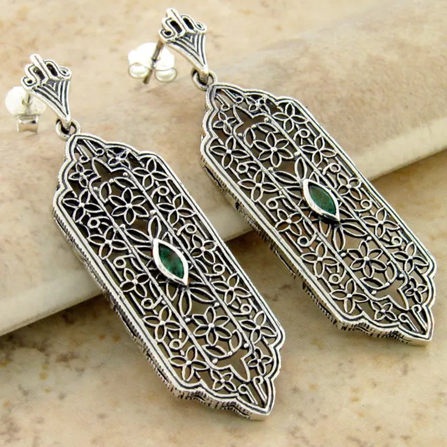 Genuine Emerald 925 Sterling Silver Classic Art Deco Style Filigree Earrings 969