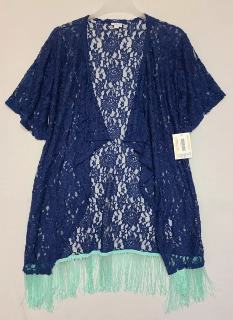 LuLaRoe Monroe Kimono Size Small Navy Blue Lace Floral Pattern Fringe NWT (ZQ)