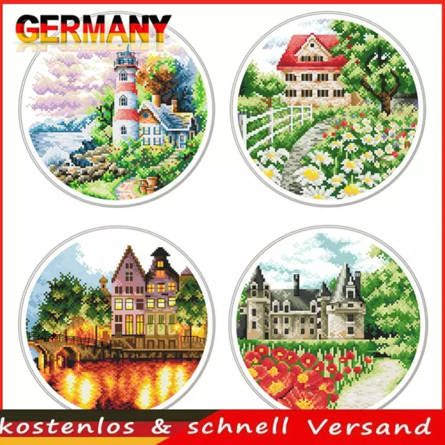 Landscape Garden Cross Stitch 11CT Stamped DIY Canvas Embroidery Kit Home Decor