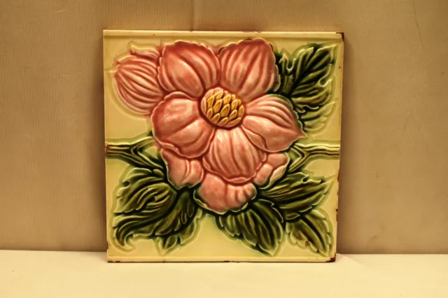 Antique Tile Art Nouveau Majolica DK Japan Ceramic Floral Embossed Leaf Old"U94