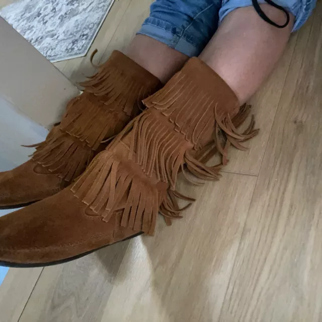 Minnetonka Womens 3 Layer Fringe Calf Hi Brown SUEDE Moccasin 1632 Boots Size 9
