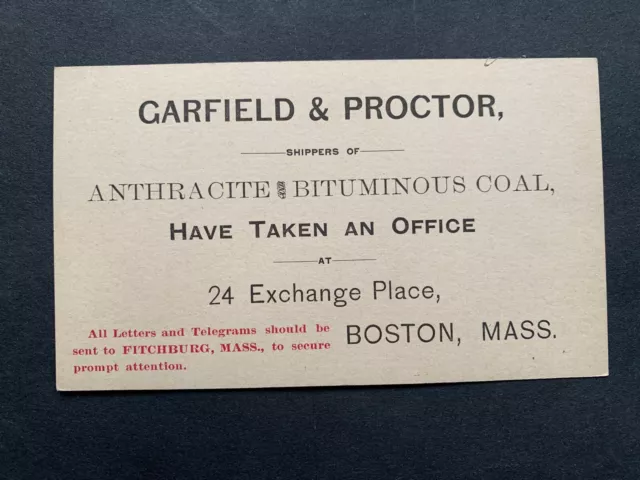 1880s BOSTON MA UX9 AD POSTAL CARD GARFIELD/PROCTOR COAL !! ADVERTISING POSTCARD