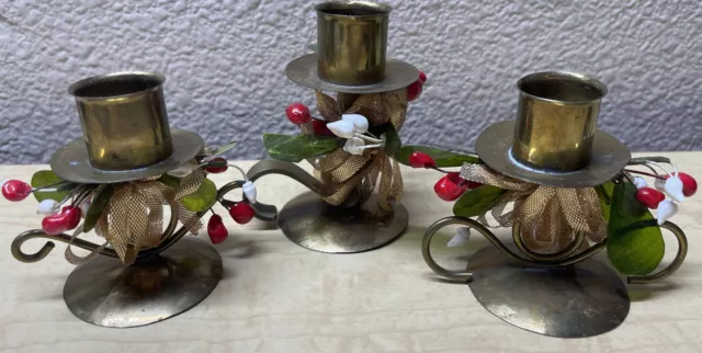 Vintage Set Of 3 Brass Christmas Taper Candlestick Holders Holly Decorated Mixed