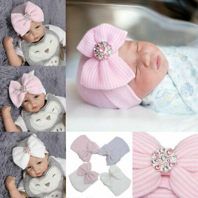Baby Girl Boy Striped Bow Cap Infant Headband Hospital Newborn Soft Beanie Hat