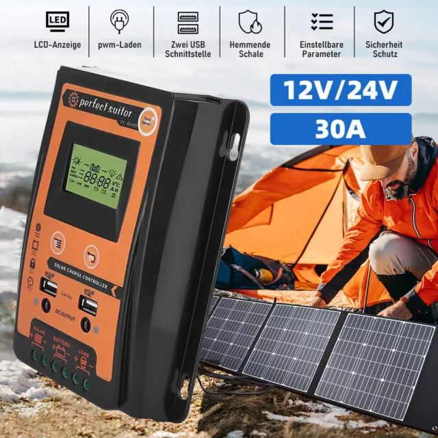 Solarladeregler 100% PWM 30A Solar Controller 12V/24V Auto PV Dual-USB LCD 2