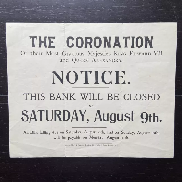 Antique Royalty King Edward Vll Queen Alexandra Coronation Notice Bank Poster