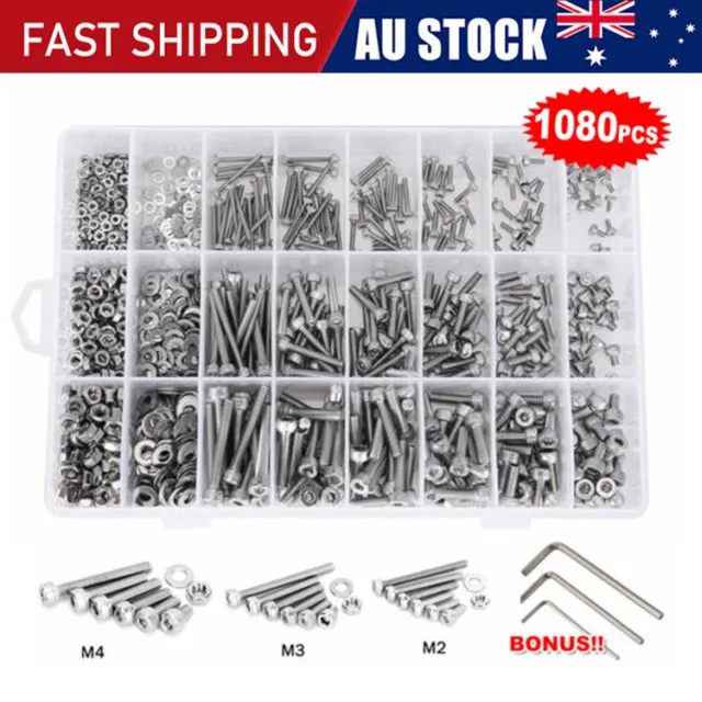 1080pcs M2/M3/M4/M5 Stainless Steel Bolts Nuts Screws Hex Head Assorted Kit Set
