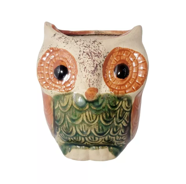 VINTAGE 1960s 70s Retro Owl Pottery Pencil Holder Vase Planter 4"