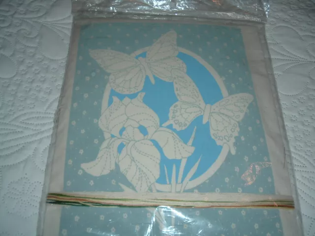 Vtg 80s Butterflies Dance Iris Floral Stamped Granny Core Embroidery Kit NIP LK3 3