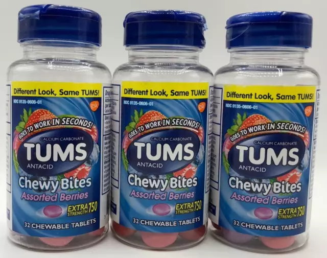 Tums Antacid Chewy Bites, Assorted Berries, 32 Chewable Tablets - 3 PACKS LOT