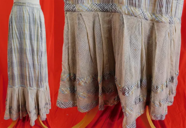 Victorian Prairie Girl Blue & White Gingham Cotton Check Plaid Print Skirt Vtg