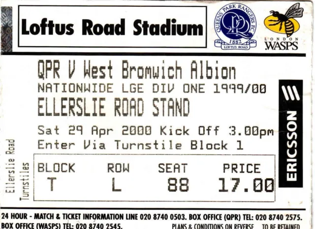 Ticket - Queens Park Rangers v West Bromwich Albion 29.04.00