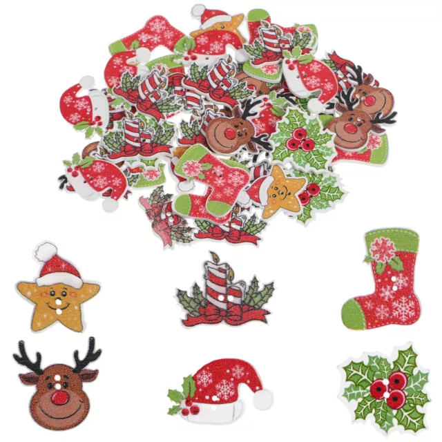 50 Mixed Christmas Wood Buttons for Handmade Projects-LR