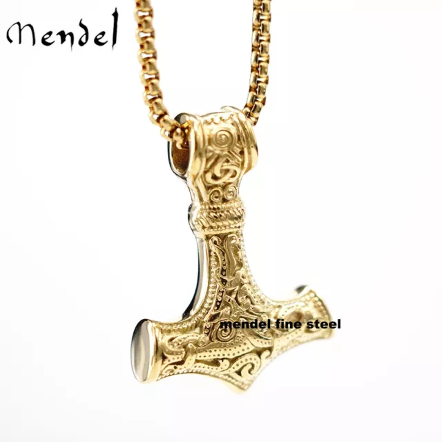 MENDEL Mens 10k Gold Plated Viking Thors Hammer Mjolnir Pendant Necklace For Men 3