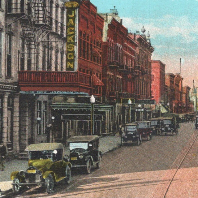 VINTAGE 1920S NEW Jackson Hotel Cars Front Street Fremont Ohio Postcard