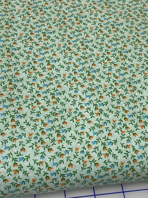 Country Calico Soft Mint  w  small Coral & Blue flowers cotton Fabric per yard