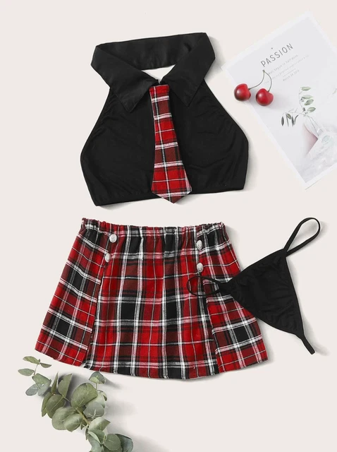 3 pezzi Set lingerie con bottone frontale Gonna Scolaretta Sexy Costume Donna