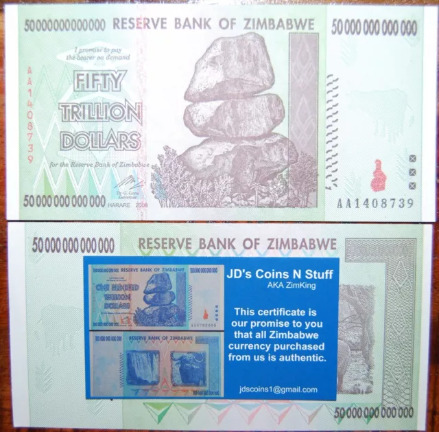 Zimbabwe 50 Trillion | Coa Included | Uncirculated | 2008 Aa | 100% Authentic