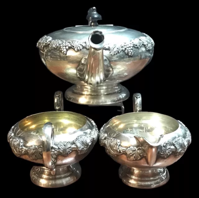 VTG Marlboro Silver Plated Copper 3 Piece Tea Set~Footed Pot~Creamer~Sugar Bowl 2