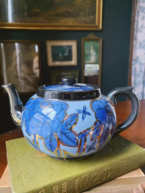 Vintage Olimco Japan Blue Floral Black & Gilt Gold Pottery Tea Pot