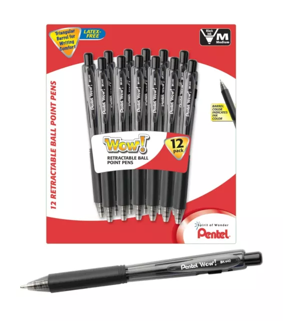 NEW Pentel WOW! Retractable Ballpoint 1.0mm Pens 12-Pack BLACK Ink BK440BP12A