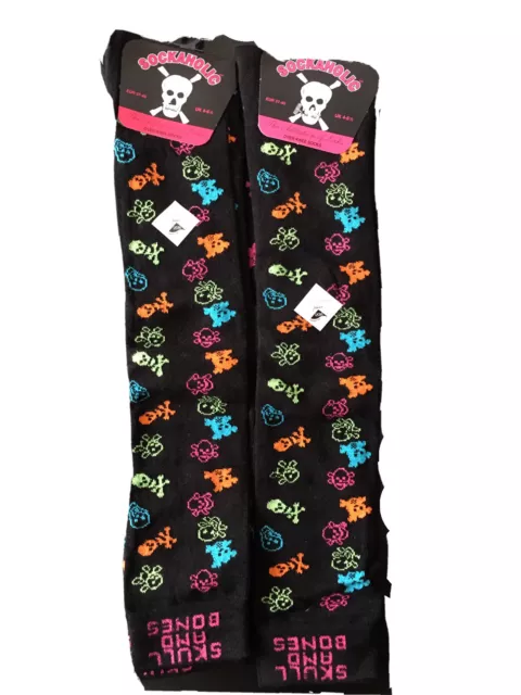 3X Ladies Over Knee High Halloween Skull & Bones Design Cotton Rich Lycra Socks