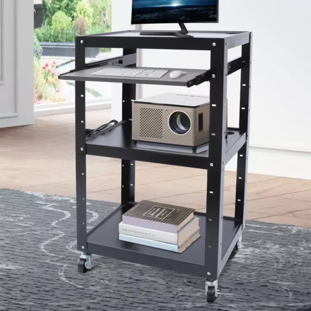 3-Tier Metal AV Cart Media Stand Steel Warehouse Printer Shelf Adjustable Height