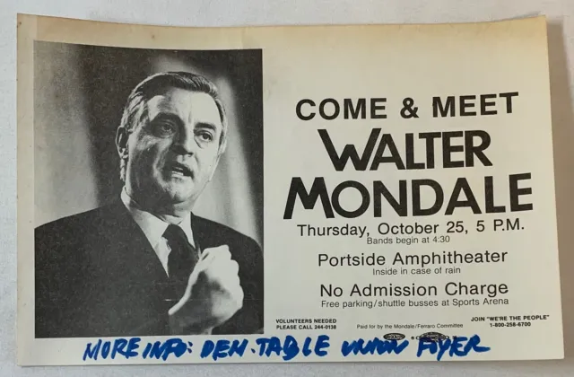 Ottobre 25,1984 Politica Flier Viene & Meet Walter Mondale ~5.5x8.5