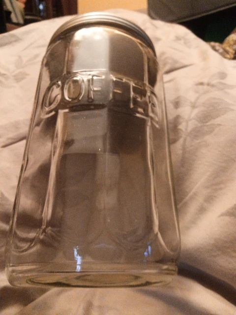 Hoosier Cabinet Clear Glass 12 Panel Embossed Coffee Jar w Lid  7"  tall