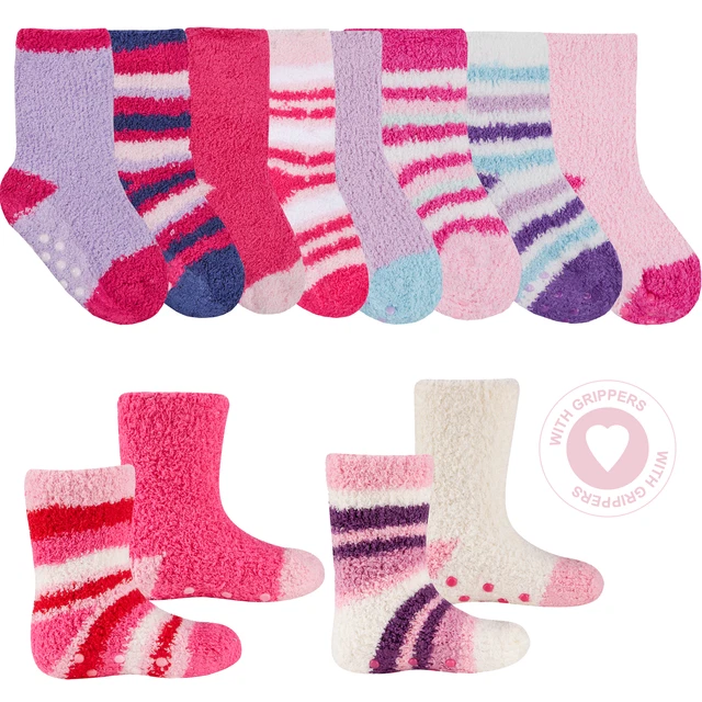 TICK TOCK Baby Girls Cosy Fluffy Socks 4 Pairs Anti Slip Grippers Warm 0-5.5