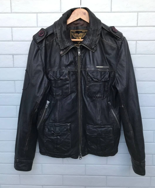 Superdry Mens Leather Jacket Size Medium Distressed Biker Aviator Brown